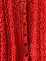 Vintage Handknit Scarlet Wool Cableknit Cardigan Sweater S/M