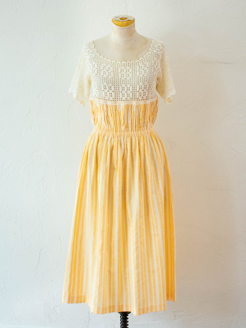 Vintage 1970s Creamsicle Striped Cotton & Crochet Sundress S/M - We Thieves