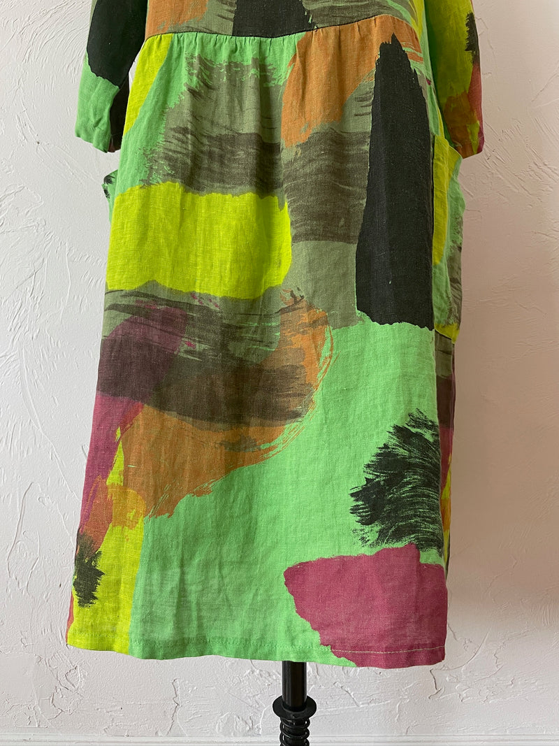 Vintage Puro Lino Bright Green Brushstroke Pattern Midi Dress M/L - We Thieves