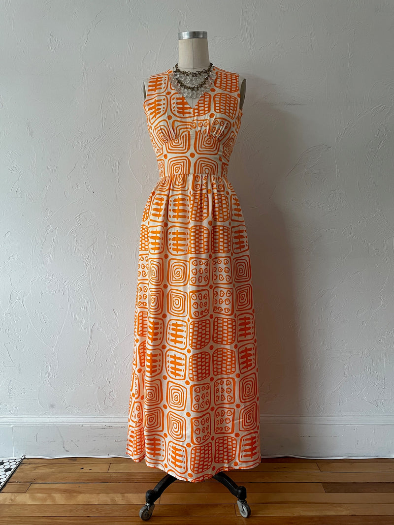 Vintage 70s Empire Waist Orange Print Maxi Dress S - We Thieves