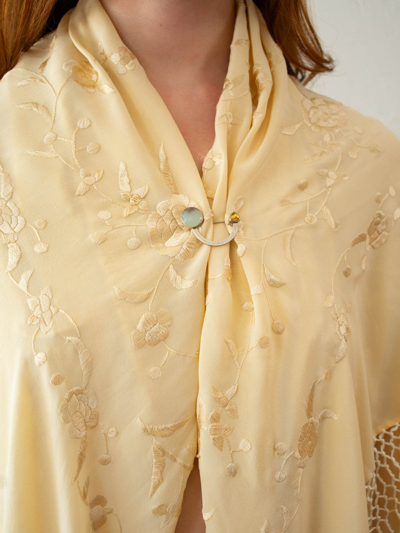 Vintage Embroidered Champagne Silk Piano Shawl - We Thieves