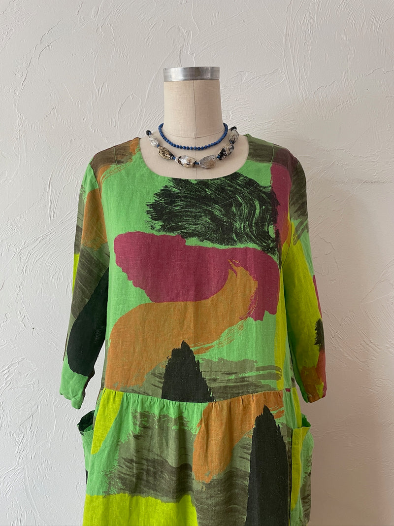 Vintage Puro Lino Bright Green Brushstroke Pattern Midi Dress M/L - We Thieves