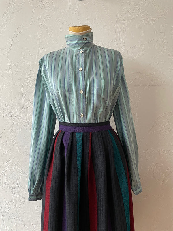 Vintage Armani Aqua & Teal Vertical Striped Silk Blouse Size 40
