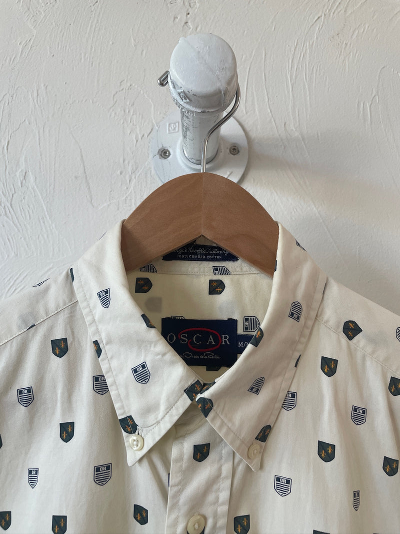 Vintage Oscar de la Renta White Crest Print Button Down M - We Thieves