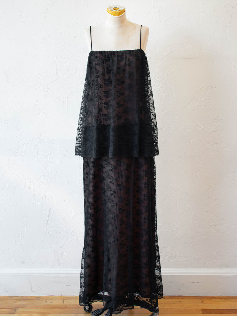 Vintage 1970s/80s Neiman Marcus Black Lace Tiered Maxi Dress L - We Thieves