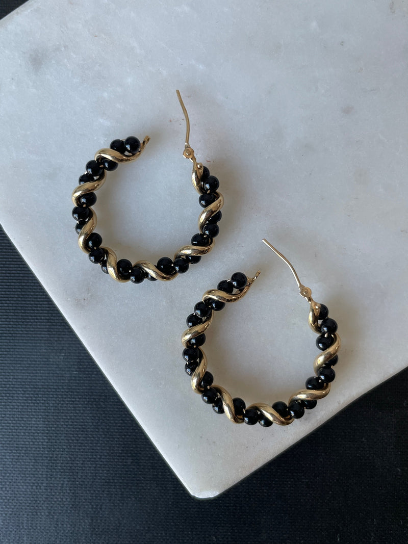 Vintage 14k Gold & Black Onyx Twist Hoop Earrings
