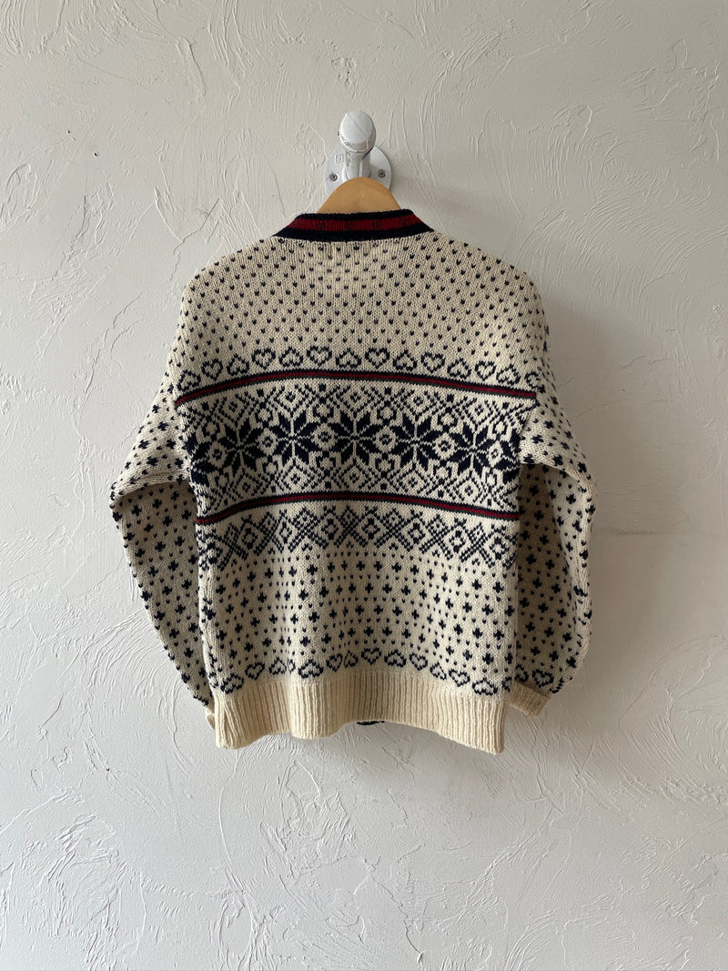 Vintage LL Bean Snowkflakes & Hearts Fair Isle Wool Cardigan Sweater M