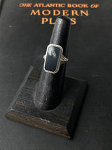 Vintage 10k White Gold Ring with Small Diamond Set in Onyx Size 6
