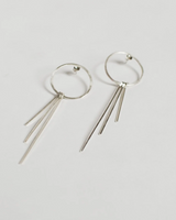Sterling Silver hoop earrings with dangling silver strands on a light gray background