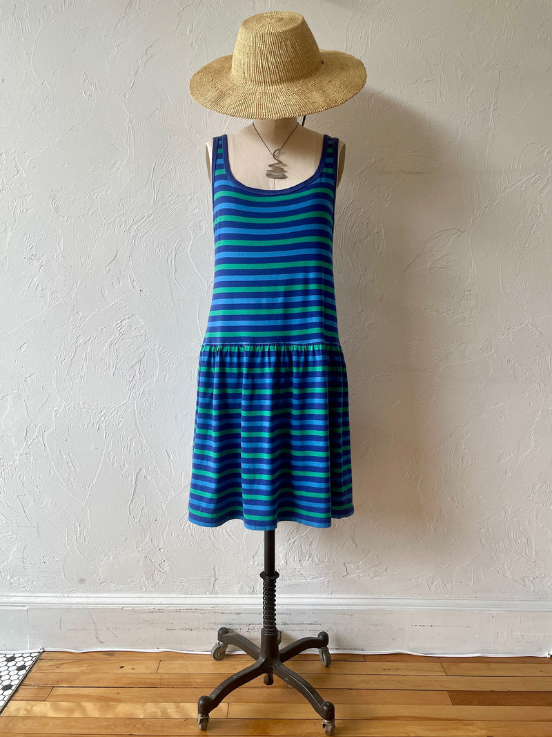 Vintage 80s Imagnin Blue & Green Striped Cotton Tank Dress M - We Thieves