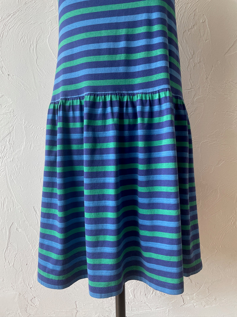 Vintage 80s Imagnin Blue & Green Striped Cotton Tank Dress M - We Thieves