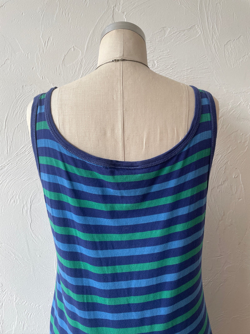 Vintage 80s Imagnin Blue & Green Striped Cotton Tank Dress M - We Thieves