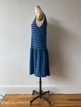 Vintage 80s Imagnin Blue & Green Striped Cotton Tank Dress M - We Thieves
