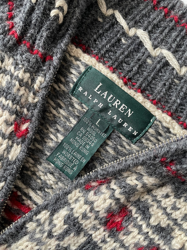 Vintage Ralph Lauren Grey Wool Zippered Skiiers Cardigan Sweater L