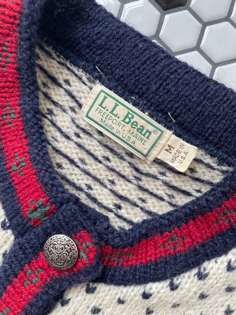 Vintage LL Bean Snowkflakes & Hearts Fair Isle Wool Cardigan Sweater M