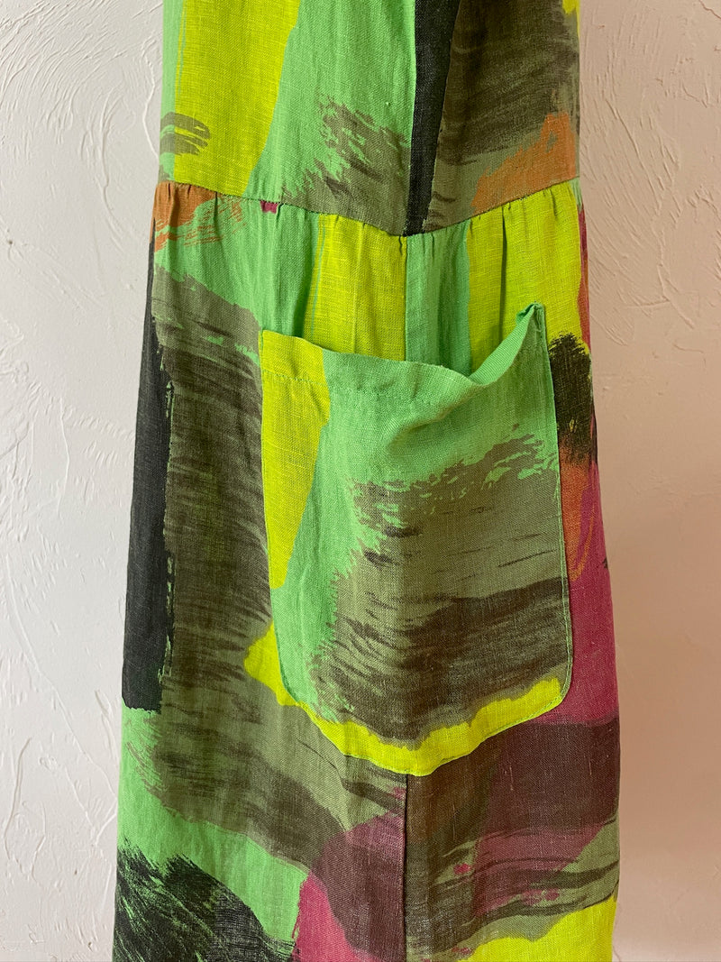 Vintage Puro Lino Bright Green Brushstroke Pattern Midi Dress M/L - We Thieves