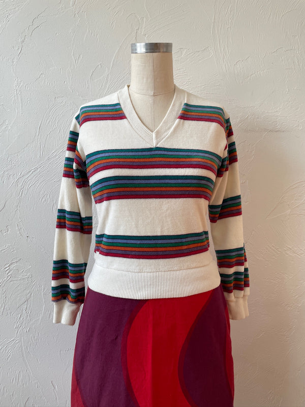 Vintage 70s Cotton Terry Knit Striped V-Neck Top XS/S - We Thieves
