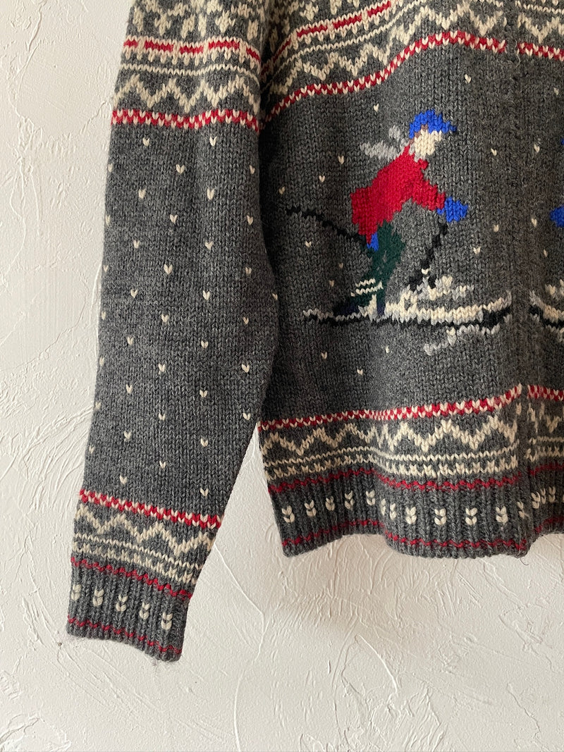 Vintage Ralph Lauren Grey Wool Zippered Skiiers Cardigan Sweater L