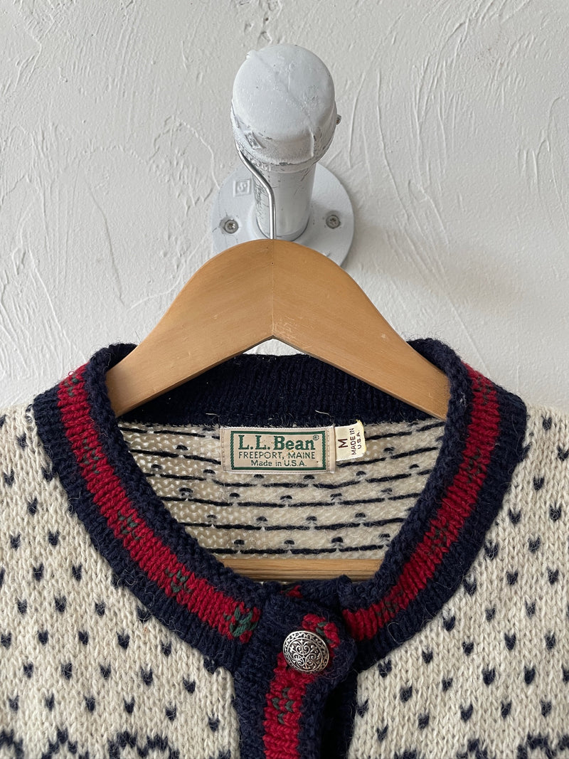 Vintage LL Bean Snowkflakes & Hearts Fair Isle Wool Cardigan Sweater M