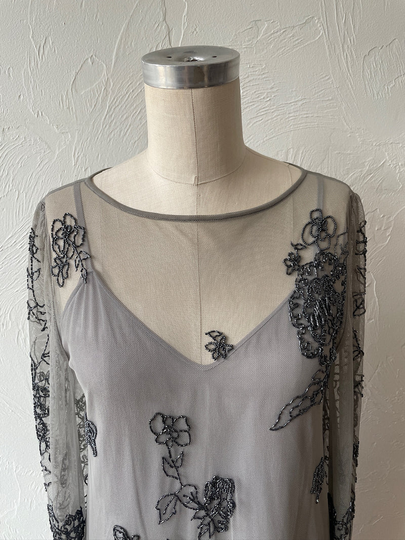 Vintage Silvery Grey Mesh Dress with Floral Beading S/M