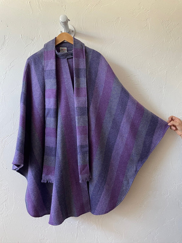 Vintage Avoca Irish Wool Purple Striped Cape Coat with Scarf