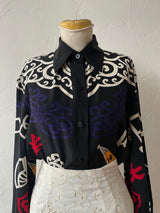 Vintage Ellen Tracy Black Silk Chinoiserie Graphic Print Blouse L - We Thieves