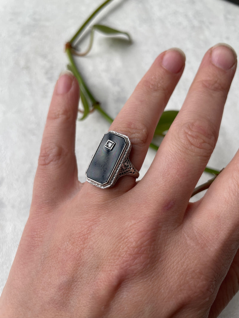 Vintage 10k White Gold Ring with Small Diamond Set in Onyx Size 6