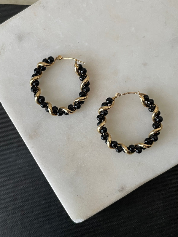 Vintage 14k Gold & Black Onyx Twist Hoop Earrings