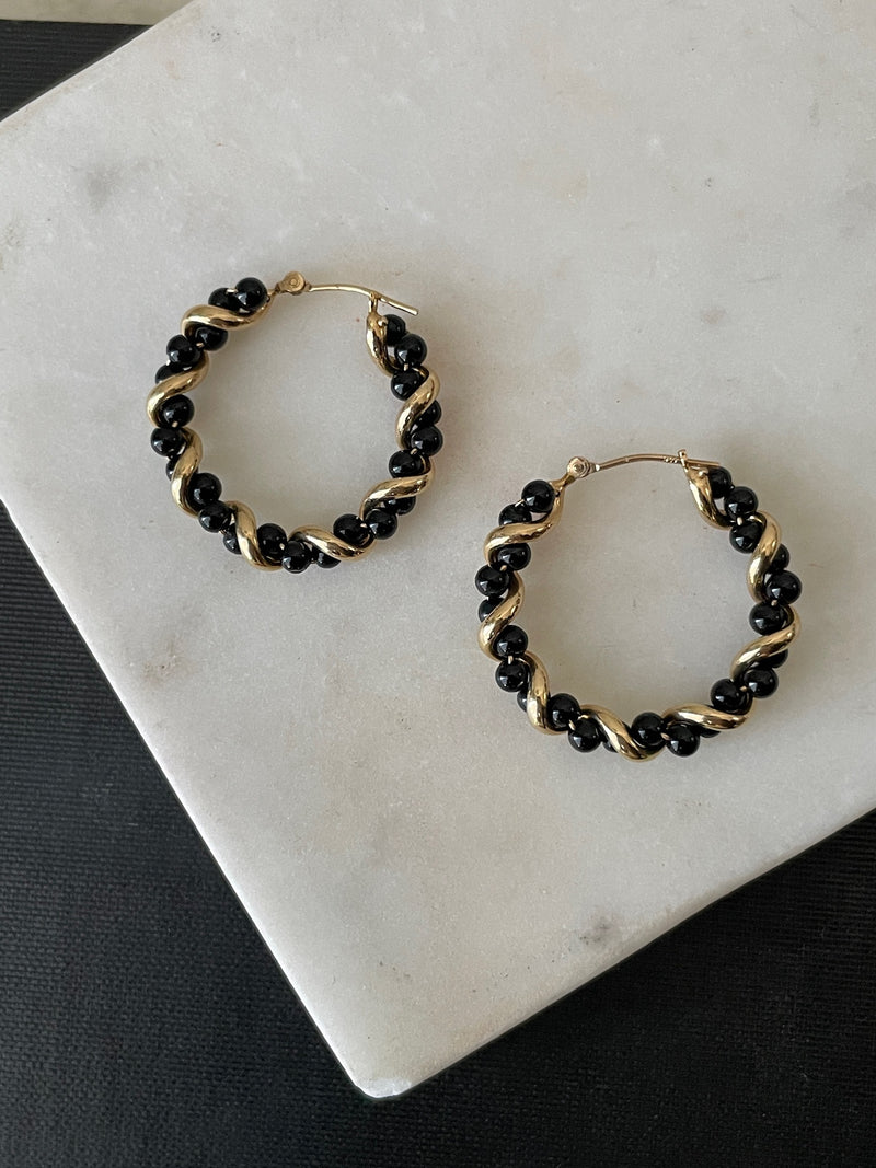 Vintage 14k Gold & Black Onyx Twist Hoop Earrings