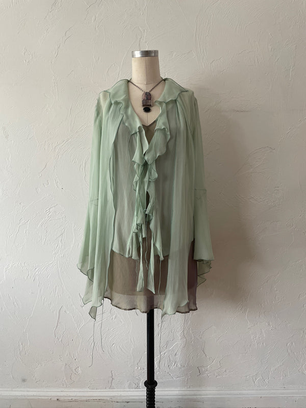 Vintage Patricia Pepe Italian Silk Mint Green Fairy Bell Sleeve Blouse M/L - We Thieves