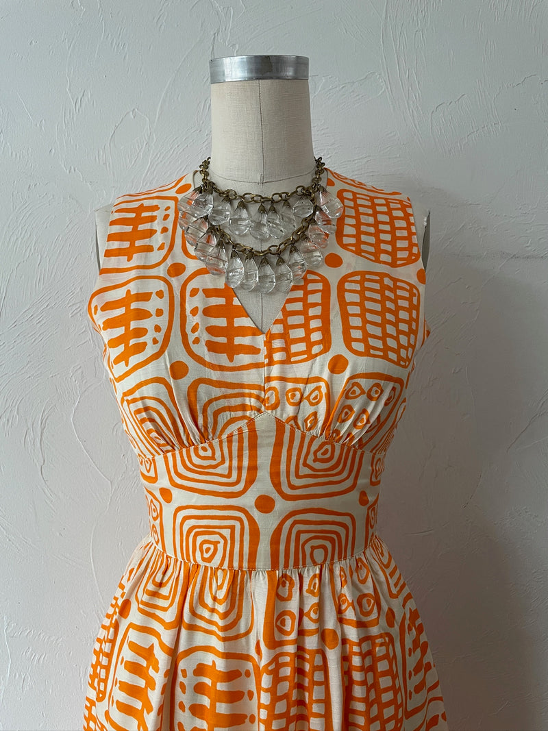 Vintage 70s Empire Waist Orange Print Maxi Dress S - We Thieves