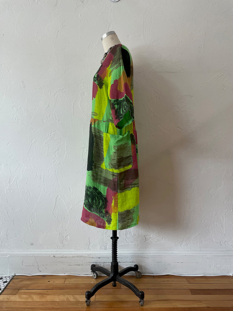 Vintage Puro Lino Bright Green Brushstroke Pattern Midi Dress M/L - We Thieves
