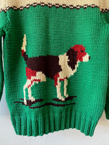 Vintage Handknit Green Hunting Dogs Zip-Up Cardigan Sweater M