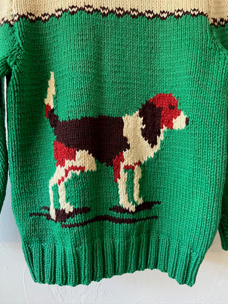 Vintage Handknit Green Hunting Dogs Zip-Up Cardigan Sweater M