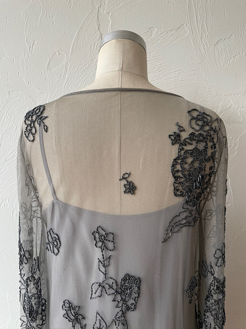 Vintage Silvery Grey Mesh Dress with Floral Beading S/M