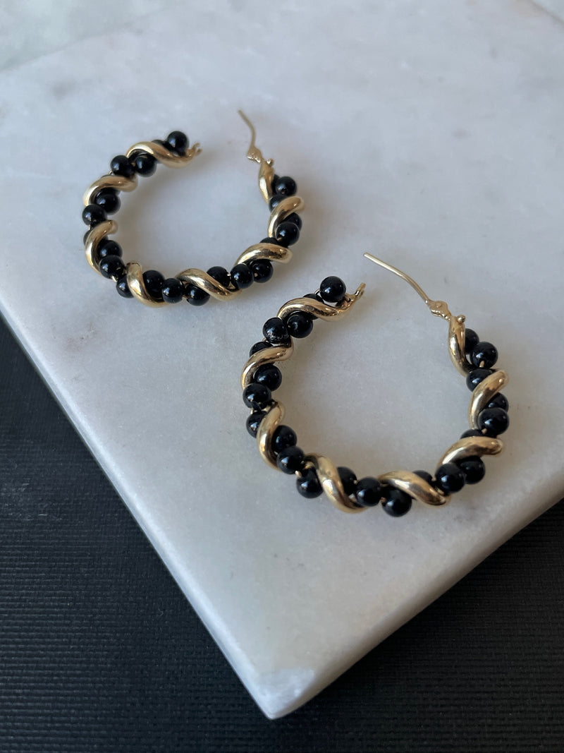 Vintage 14k Gold & Black Onyx Twist Hoop Earrings