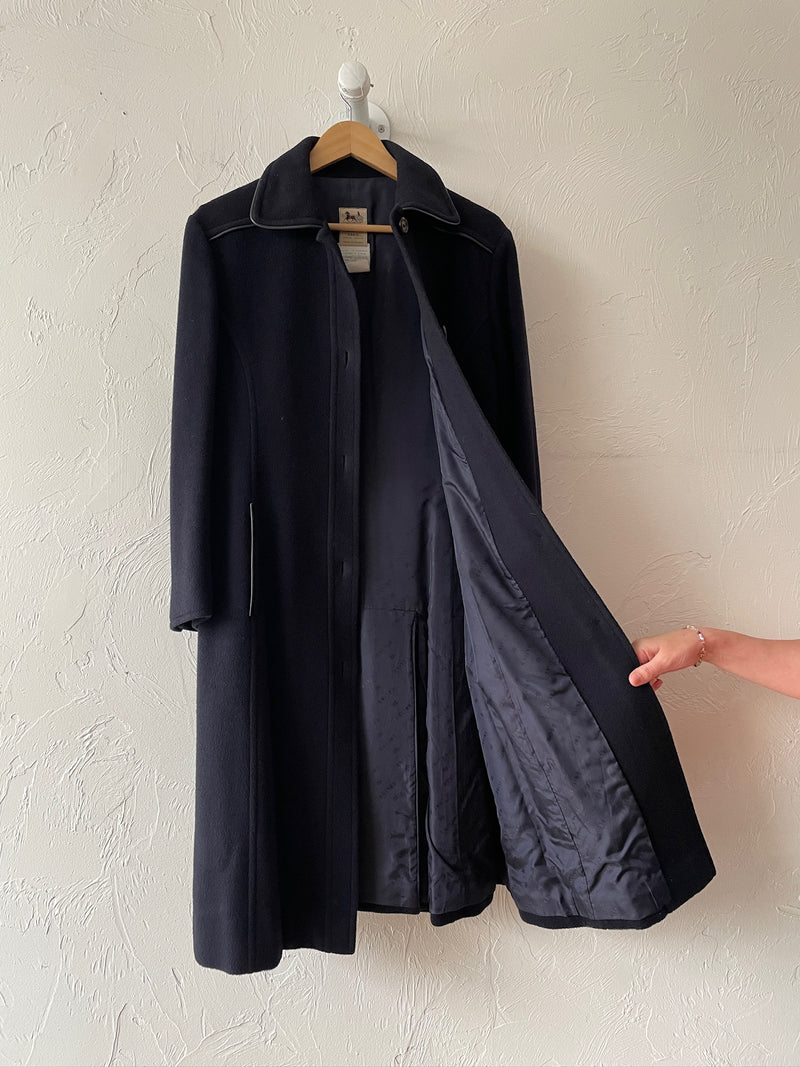 Vintage 60s Celine Navy Wool Coat with Leather Trim S/M