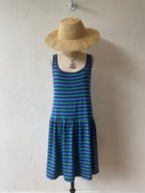 Vintage 80s Imagnin Blue & Green Striped Cotton Tank Dress M - We Thieves