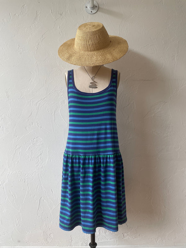 Vintage 80s Imagnin Blue & Green Striped Cotton Tank Dress M - We Thieves