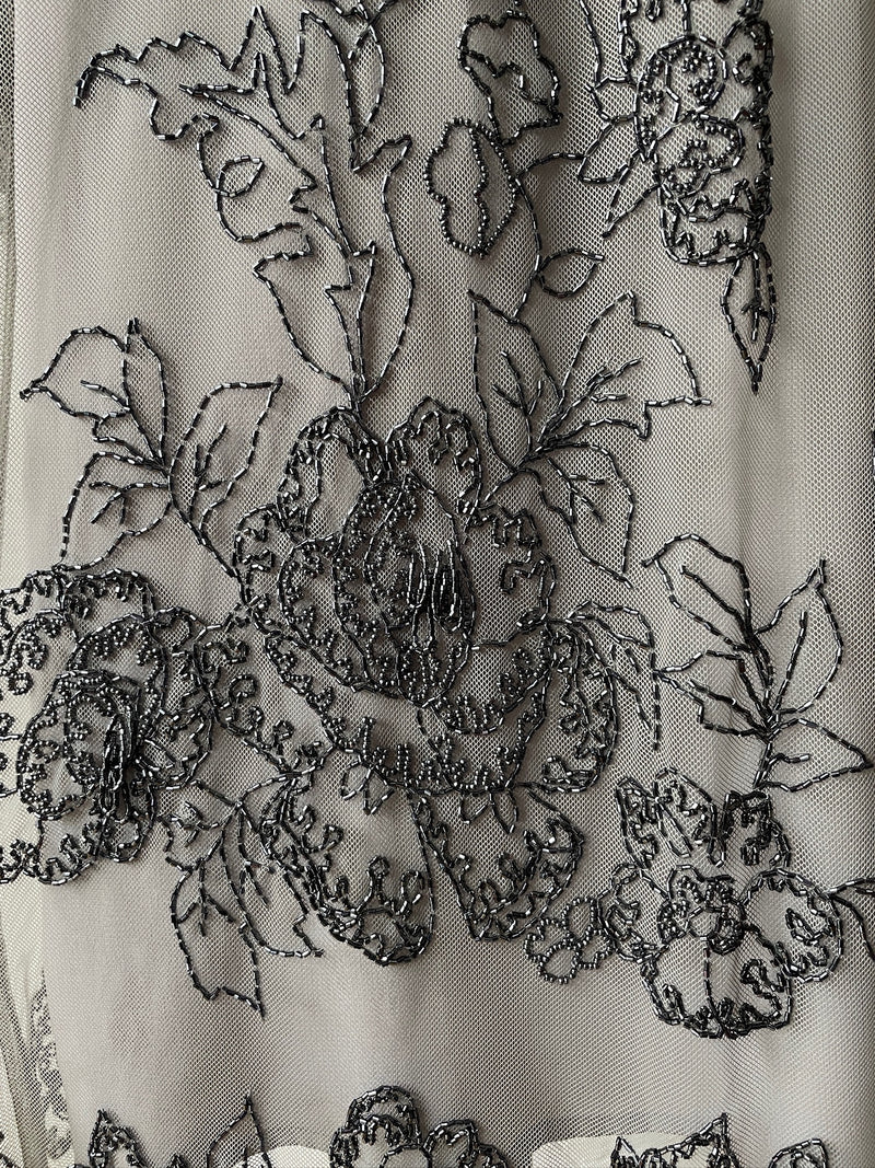 Vintage Silvery Grey Mesh Dress with Floral Beading S/M