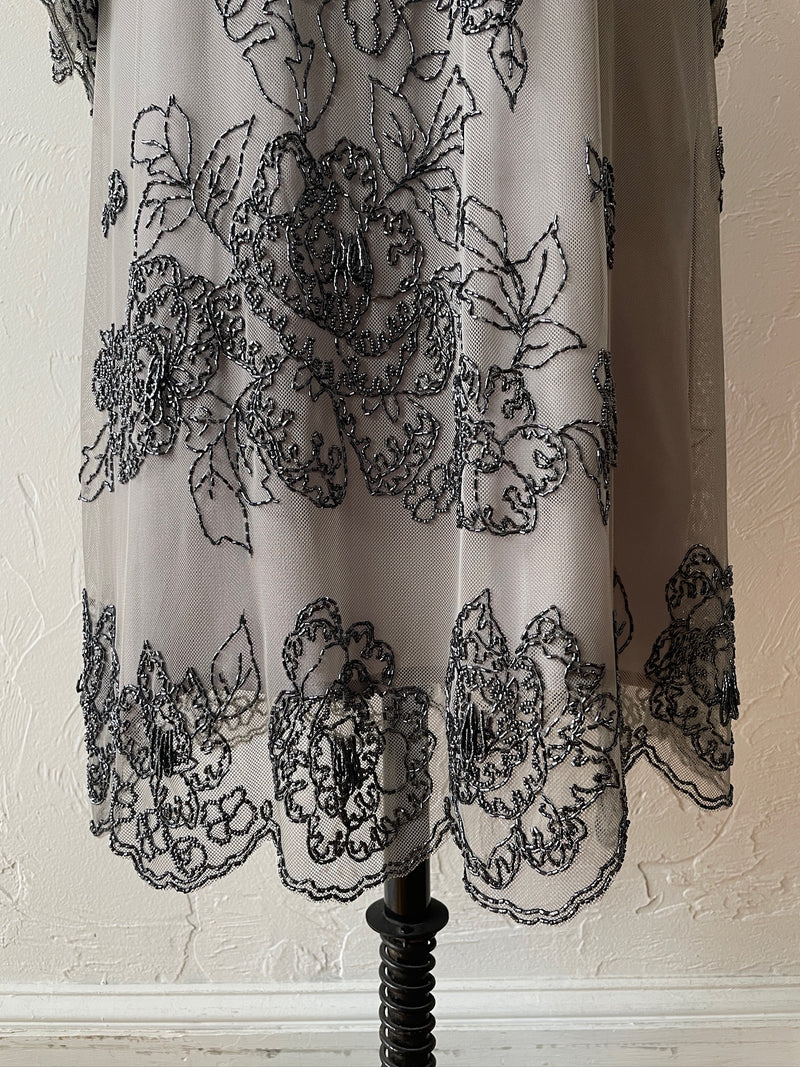 Vintage Silvery Grey Mesh Dress with Floral Beading S/M