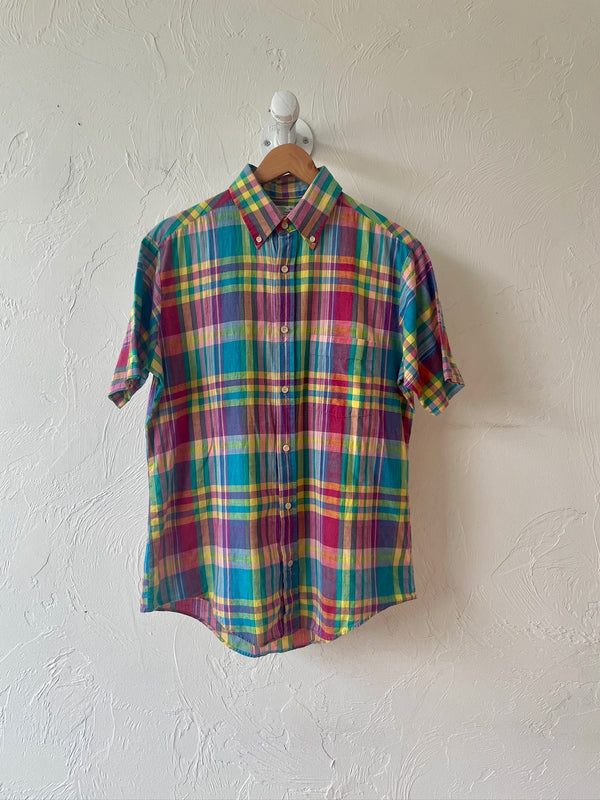 Vintage 90s Bright Plaid Madras Button Down Shirt M - We Thieves