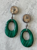 Vintage Malachite & Sterling Silver Oval Dangle Earrings