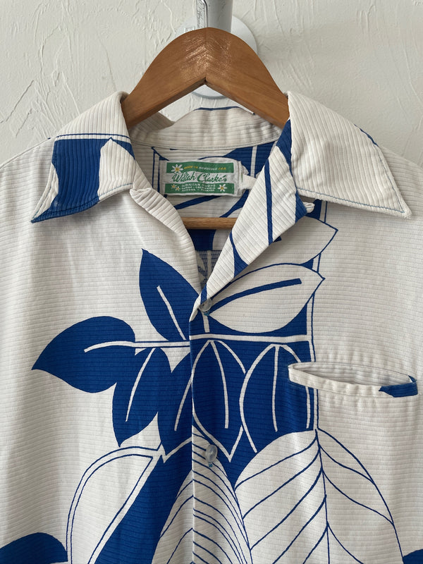 Vintage White + Blue Waltah Clarke Hawaiian Shirt S - We Thieves