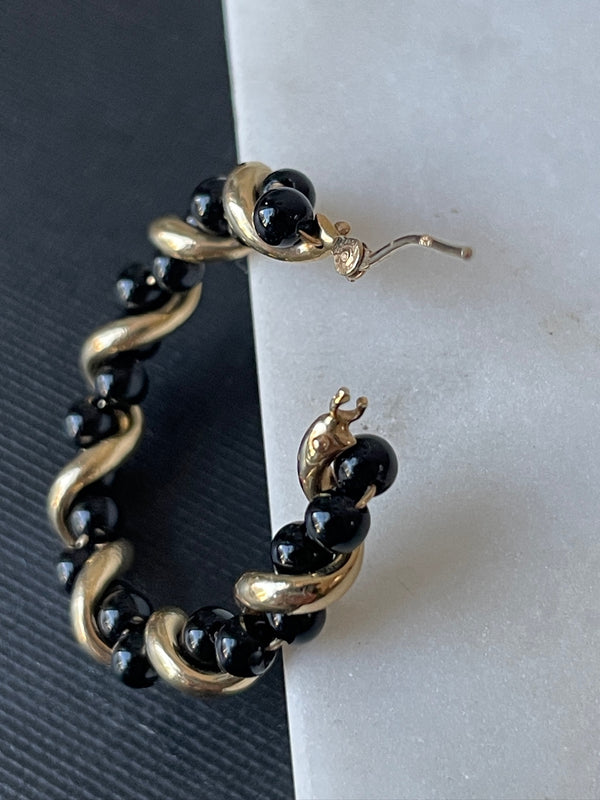 Vintage 14k Gold & Black Onyx Twist Hoop Earrings