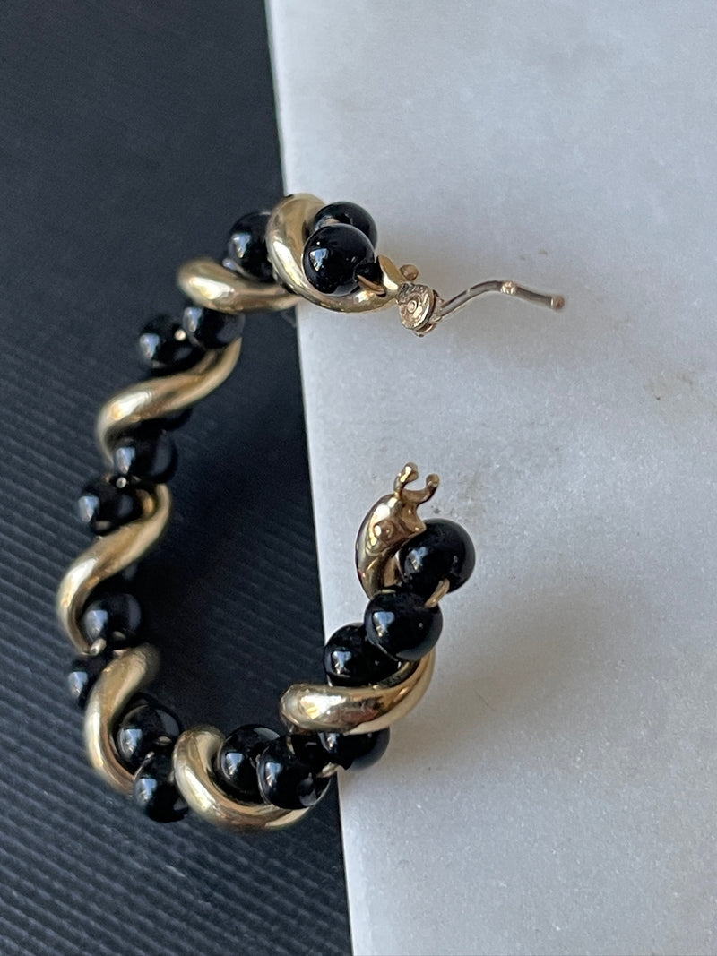 Vintage 14k Gold & Black Onyx Twist Hoop Earrings