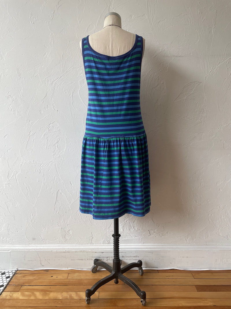 Vintage 80s Imagnin Blue & Green Striped Cotton Tank Dress M - We Thieves