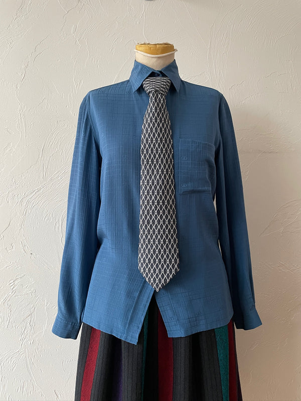 Vintage Gucci GG Logo Blue Silk Jacquard Blouse XS/S