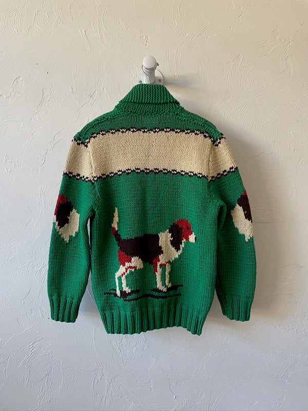 Vintage Handknit Green Hunting Dogs Zip-Up Cardigan Sweater M