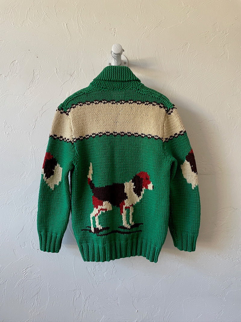 Vintage Handknit Green Hunting Dogs Zip-Up Cardigan Sweater M